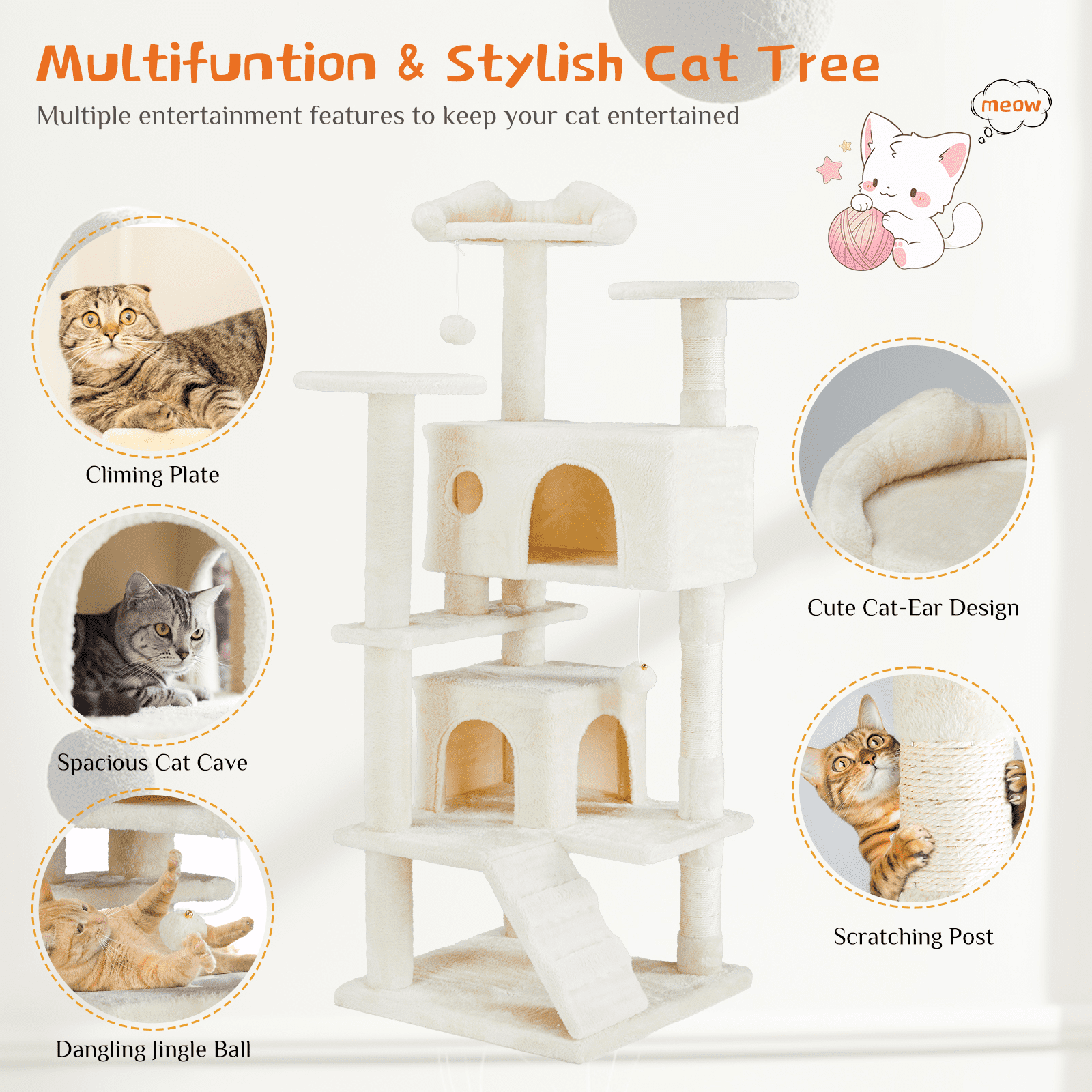 Aukfa Large Cat Tree Cat Tower Condo with Scratching Post for Adult Cats Kittens,Beige