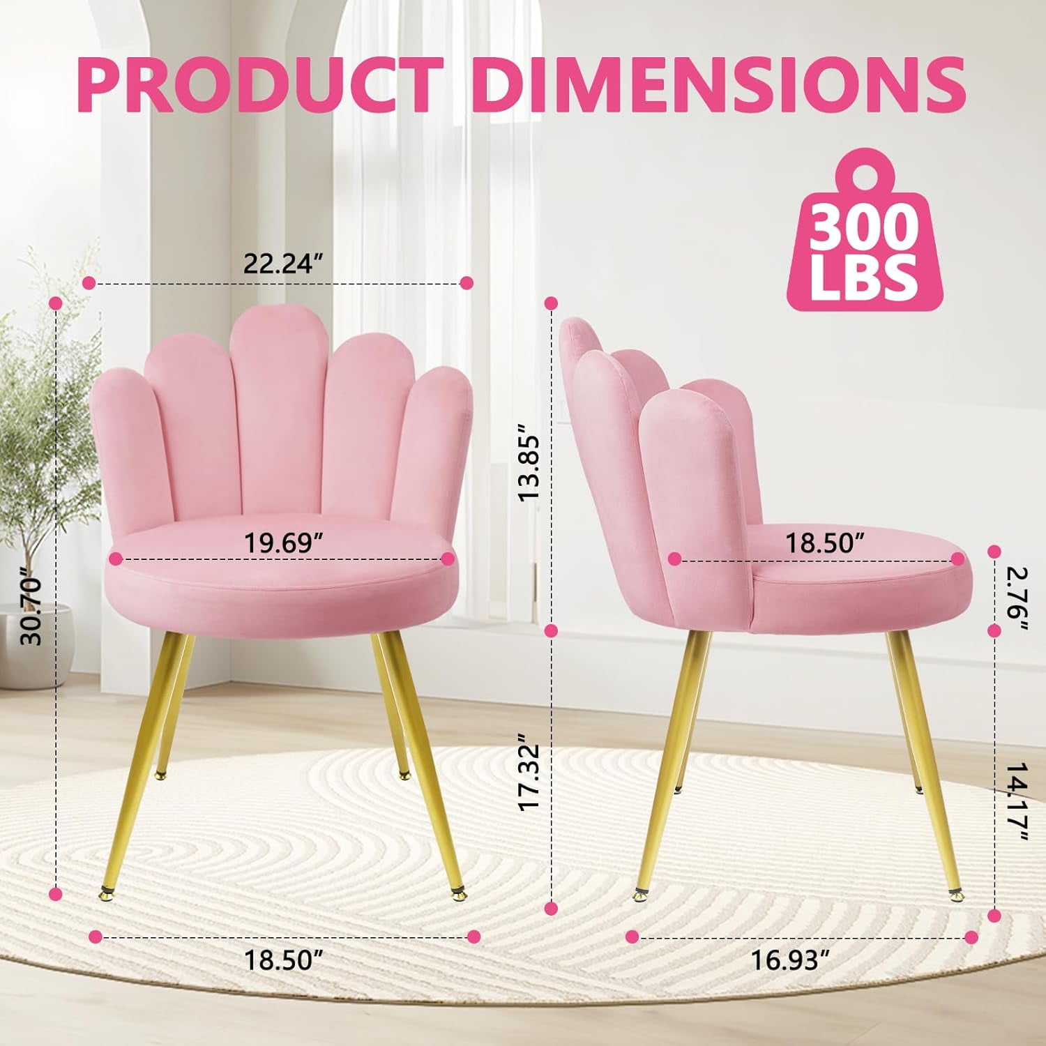 CLATINA Velvet Vanity Chair, Mid Century Modern Upholstered Chair with Back Support, Cute Living Room Chair with Gold Legs, Comfy Makeup Chairs for Bedroom Dressing Study No Wheels,Pink