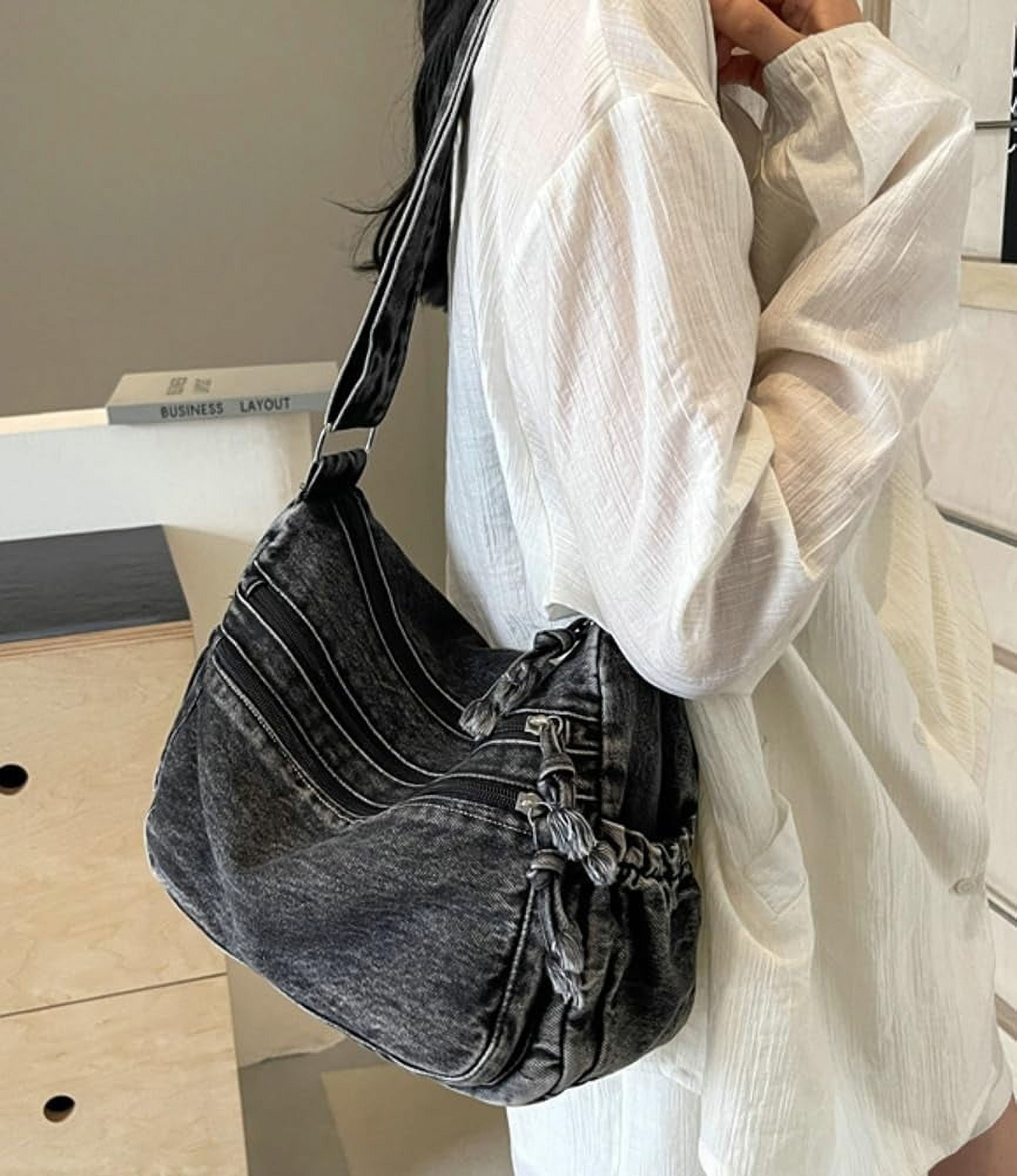 Women's Retro Large Canvas Denim Shoulder Bag Denim Crossbody Handbags Casual Style Lightweight Tote Purse