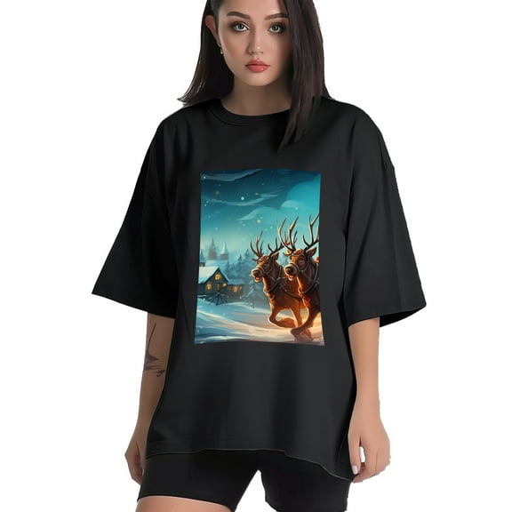 Plus Size Shirt for Women Black Tops for Women Short Sleeves Shirt for Women Santa Claus Riding Reindeers 1 T Shirt Crewneck Shirt for Women XS
