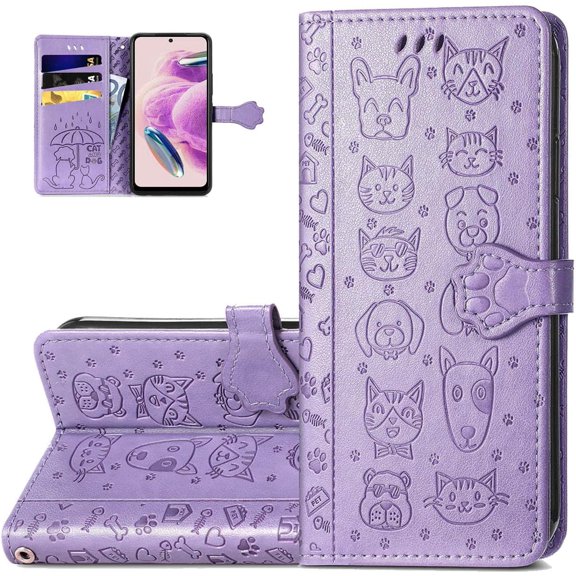 Wallet Phone Case for Redmi Note 12s,Cute Cartoon Cat Dog Pattern PU Leather Case with Magnetic Clasp and Cash Card Slots Holder Cover for Redmi Note 12s,CD Purple