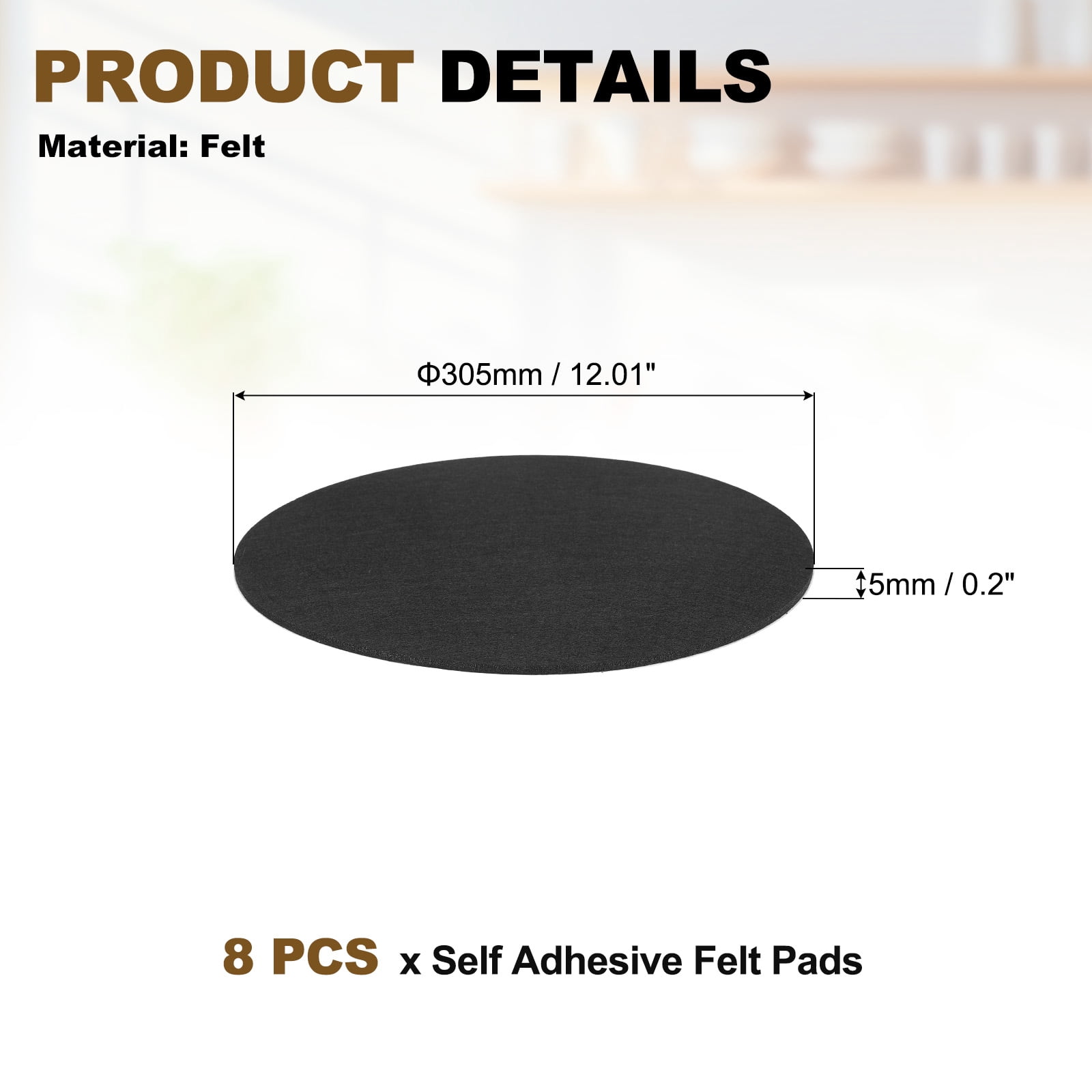 Uxcell 8Pcs Non Slip Furniture Pads, 12" Round Self Adhesive Felt Bumpers Noise Reducing Furniture Feet Floor Protector for Chairs Tables Furniture Legs (Black 0.2" Thick)