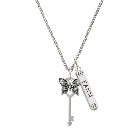 Delight Jewelry Silvertone Antiqued Butterfly Key with AB Crystals Silvertone Believe Faith Prayer Hope Bar Charm Necklace, 23"