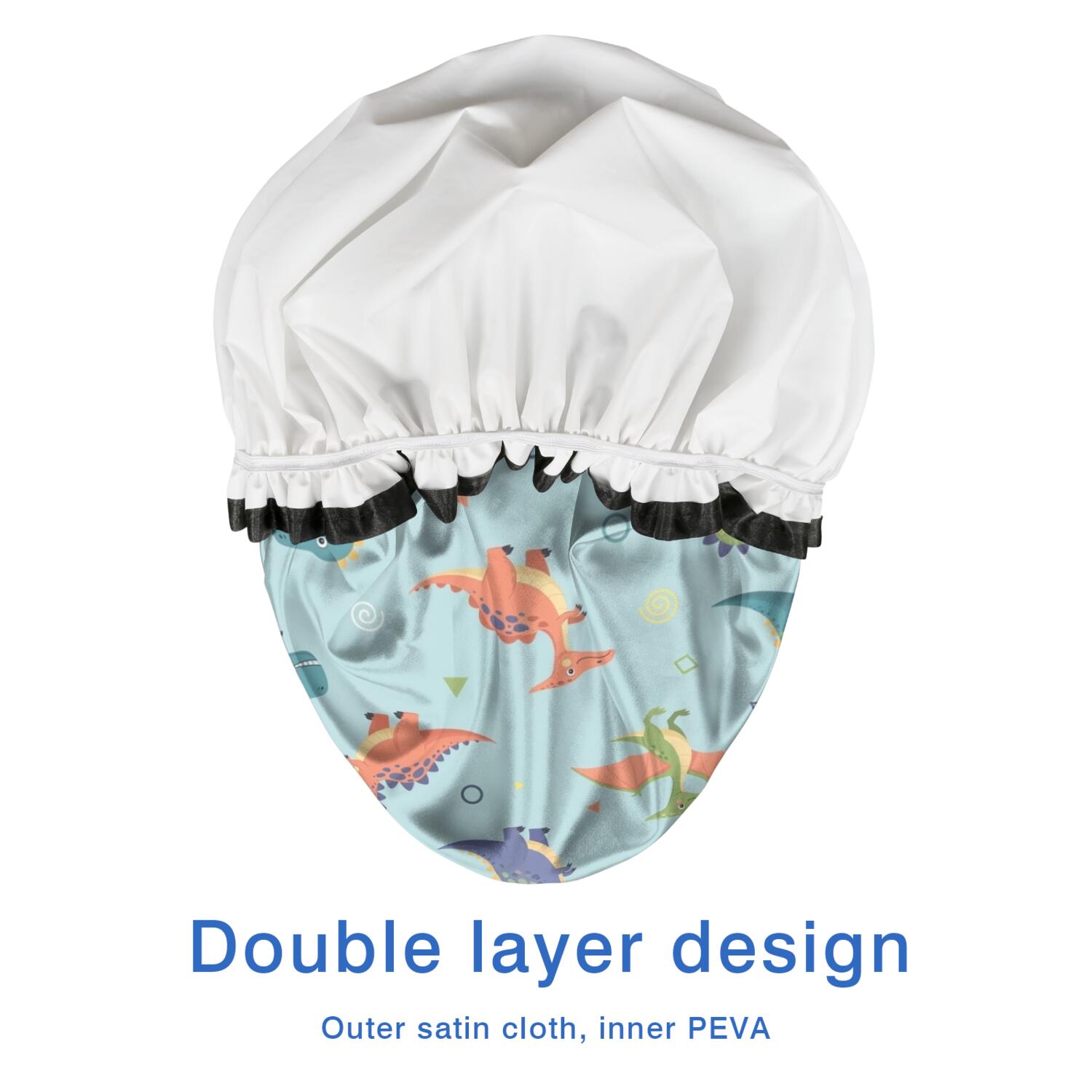 Shower Caps,LightBlue Cartoon Dinosaurs Geometric Pattern Waterproof Shower Cap for Women 4 Pieces,Double Reusable Hair Cover for Shower PEVA Elastic Stretch Hem