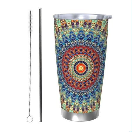 

Matuu Round Mandala for 20oz Durable Thermal Cups Keep Drinks Cold and Hot Insulated Car Mug with Lid-Straw Two-piece Set
