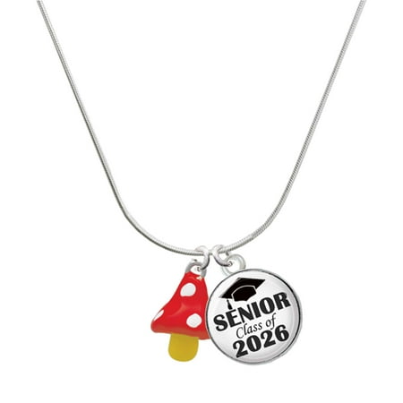 Delight Jewelry Silver-tone 3-D Red and White Mushroom – Silvertone Senior Class of 2026 Dome Necklace 18