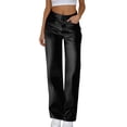 thumbnail image 7 of XAOFW Women's Casual Pants Solid Color Elastic Waist Shiny Leather Trousers Wide Leg Pant With Pockets Party Night Baggy Comfortable Trouser, 7 of 7