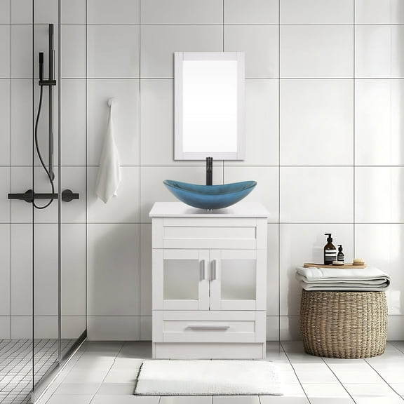 ELECWISH 24-Inch Bathroom Vanity in White with Mirror and Vessel Sink Set, Modern Stand Pedestal Cabinet with Glass Sink Set