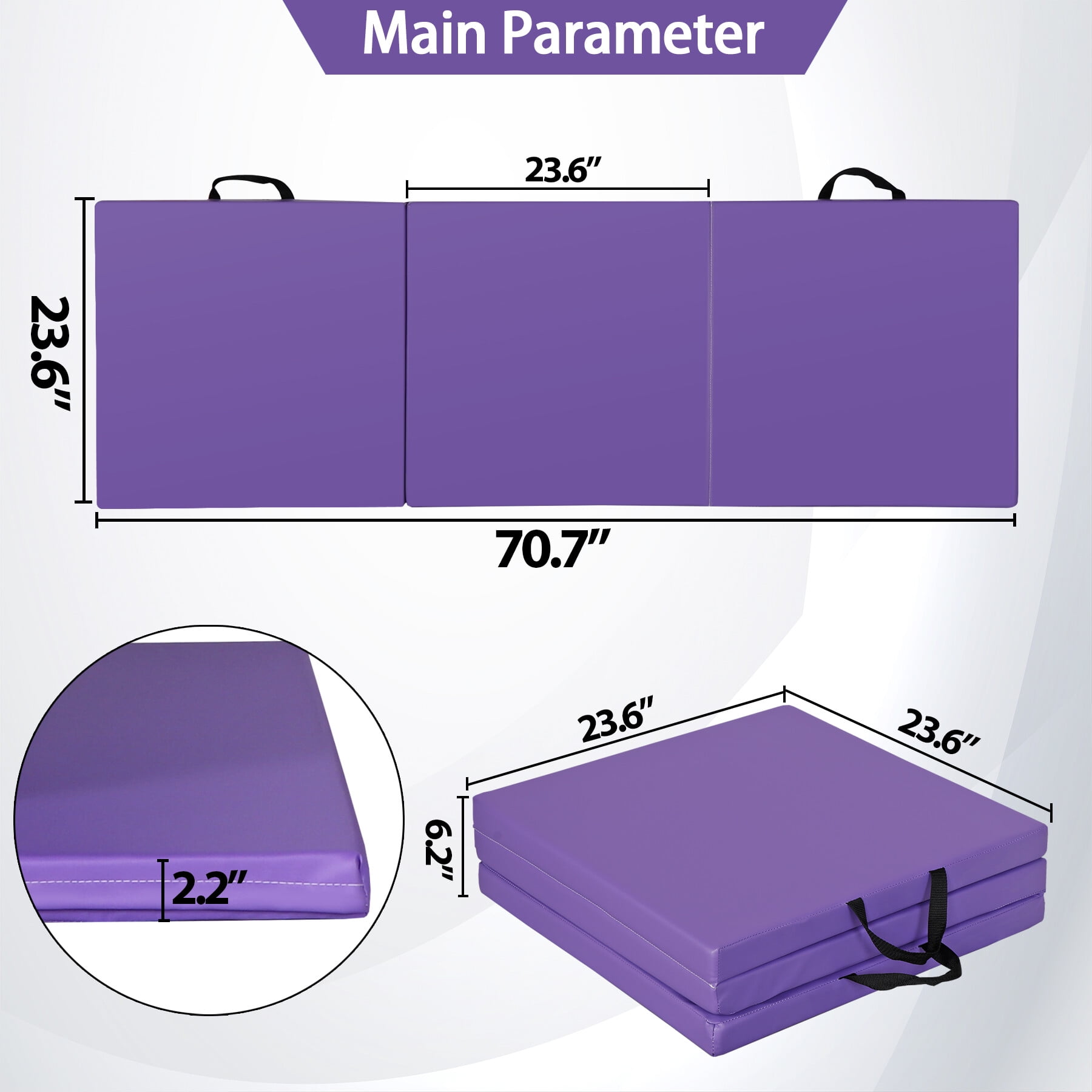 ZENY 6' x 2' x 2" PU Leather Home Tri-Fold Gym Exercise Aerobics Yoga Mat Anti-Slip W/Carrying Handles, Purple