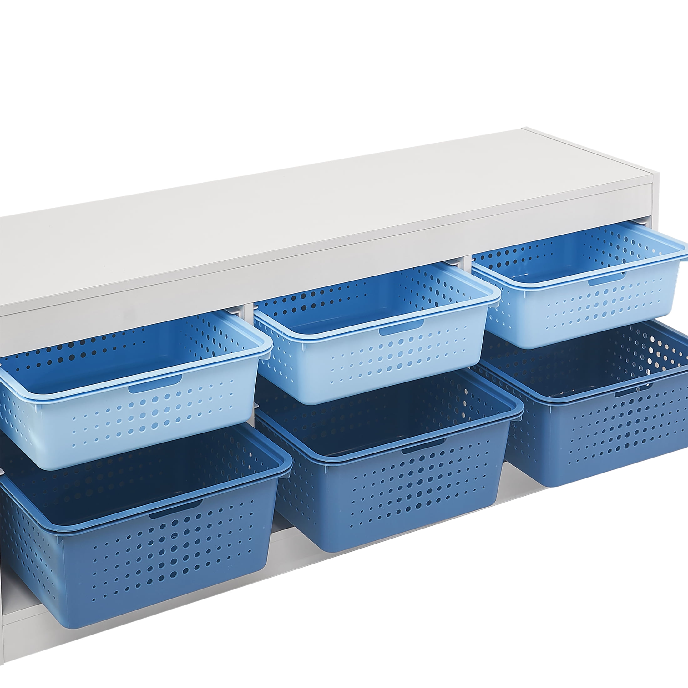 Your Zone Wooden Kids Horizontal Sliding Bin Organizer with 6 Storage Bins, Blue, Age 3+