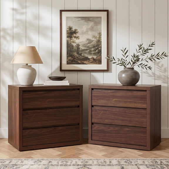 ARKANTOS Modern Nightstand Set of 2, Wooden Oversized Night stand Bedside Table with 3 Storage Drawers for Bedroom, Sofa Couch, Living Room, Walnut