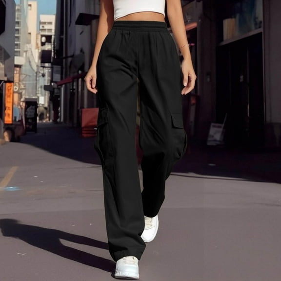Stylish Olyvenn Women Straight Cargo Pants Summer Lightweight Casual Parachute Pants Elastic High Waist Outdoor Running Trousers with Pockets Black S