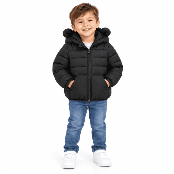 Black Girls Hooded Padded Jacket Size 7-8 Years, Full-Zip Quilted Winter Coat with Pockets and Warm Everyday Outerwear Clothes