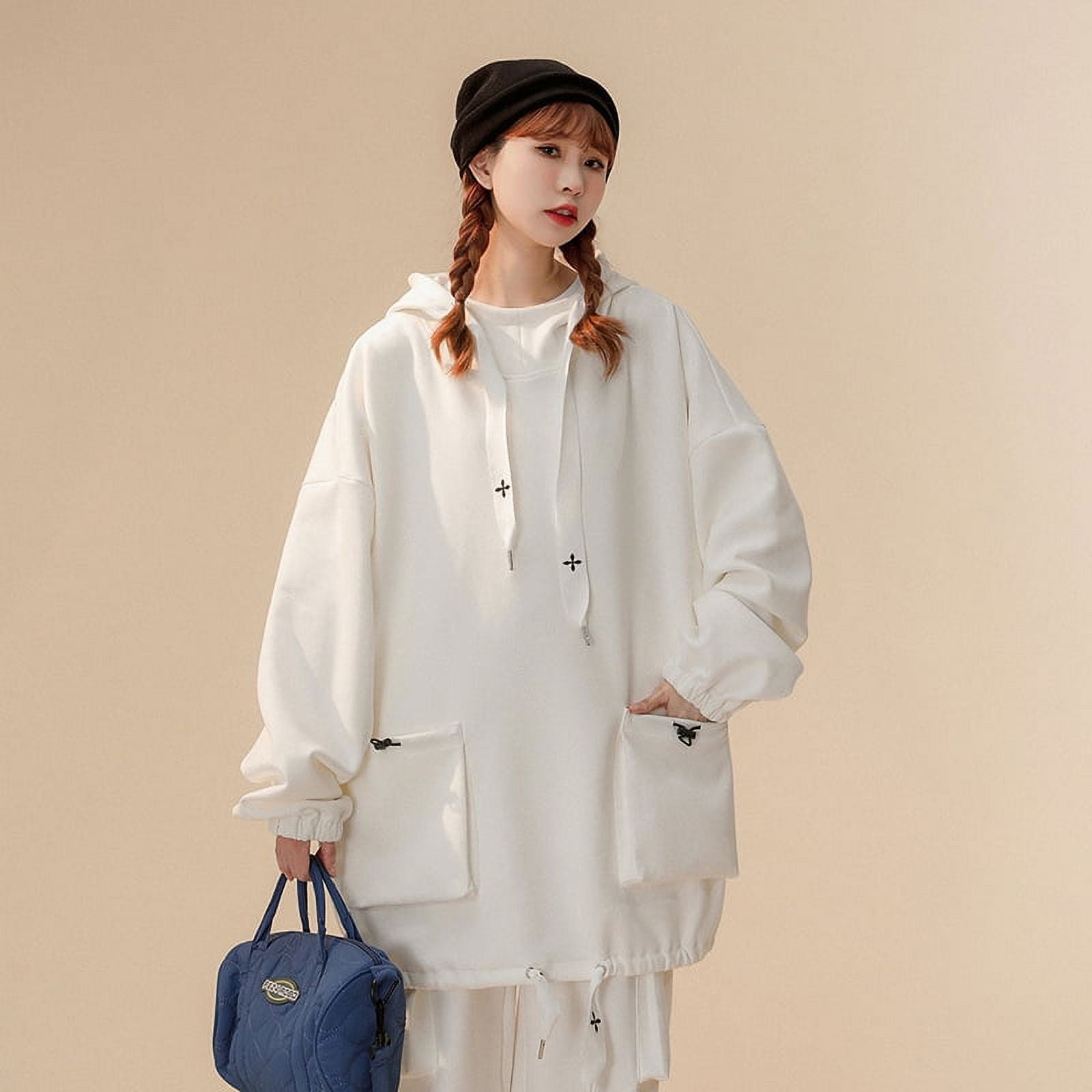 Suede Hooded Sweatshirt Suit For Women, Unisex Workwear Sweatshirt Suit For Men White M