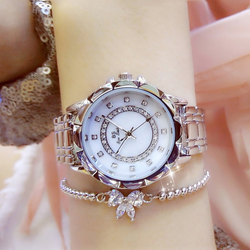 Luxurious Flower Bracelet Watch Full of Rhinestones Round Clear