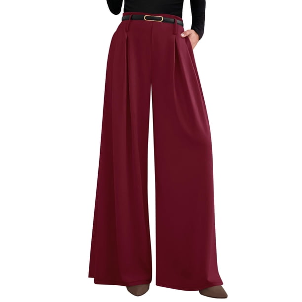 Pantalones PRETTYGARDEN Palazzo de Pierna Ancha Tiro Alto Rojo Vino M