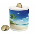 thumbnail image 1 of Ocean Piggy Bank, Beach Sunset Tranquil Tropical Sea Waves Coconut Palms Outdoors Photo, Ceramic Coin Bank Money Box for Cash Saving, 3.6" X 3.2", Pale Brown Green Blue, by Ambesonne, 1 of 4