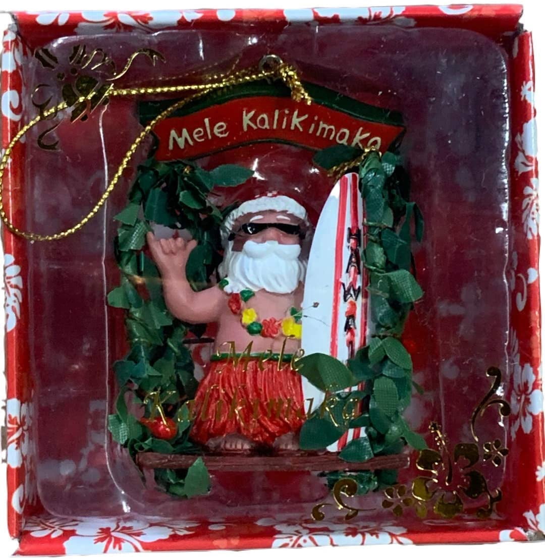Hawaii Santa w/Surfboard On Wreath Polyresin Ornament