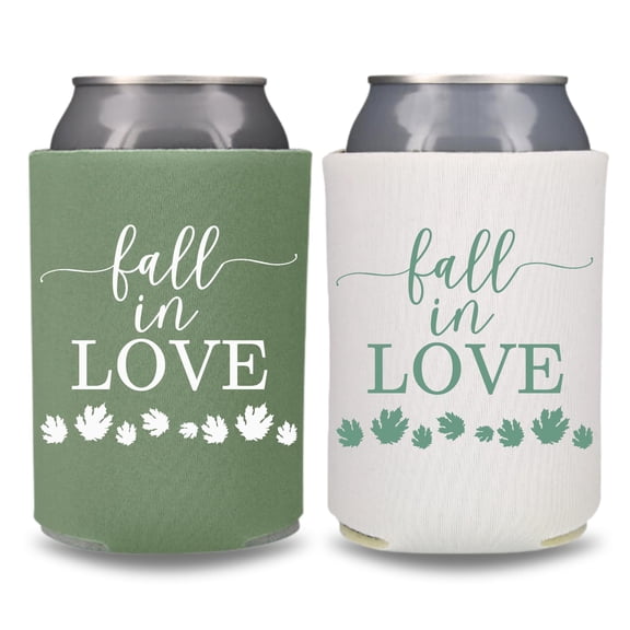Fall Wedding Can Coolers, Fall In Love Coolies, Perfect for Wedding Party Gift and Souvenir Ideas, Couple's Wedding Beer Sleeves (2Pack (1 White, 1 Willow Green))