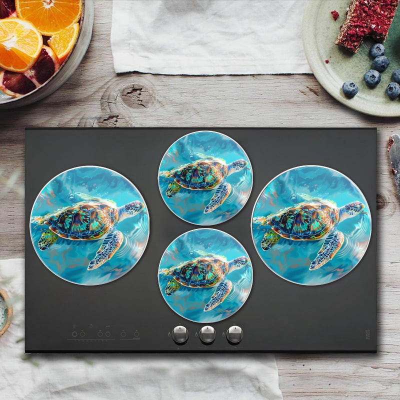 Bahomeck Electric Stove Burner Covers Set Of 4,Colorful Sea Turtle Swimming In The Ocean (3) Metal Gas Stove Burner Covers,Protecting Gas Stoves,8 Inch And 10 Inch