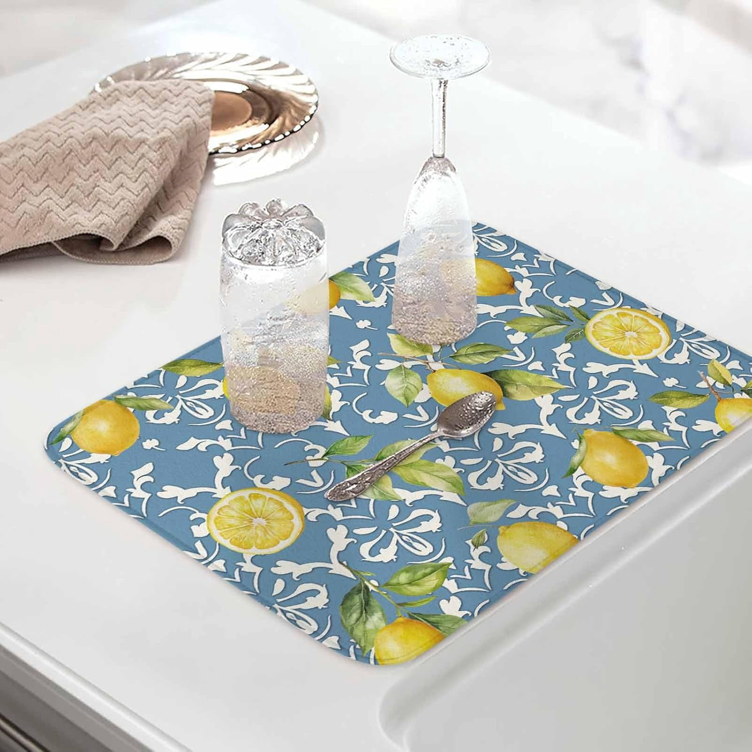 Summer Lemon Dish Drying Mat for Kitchen Counter, Green Botanical Blue Watercolor Fruits Baby Bottle Microfiber Drying Pad, Absorbent Coffee Cup Dishes Drainer Mats 18"x24", 1 Pcs