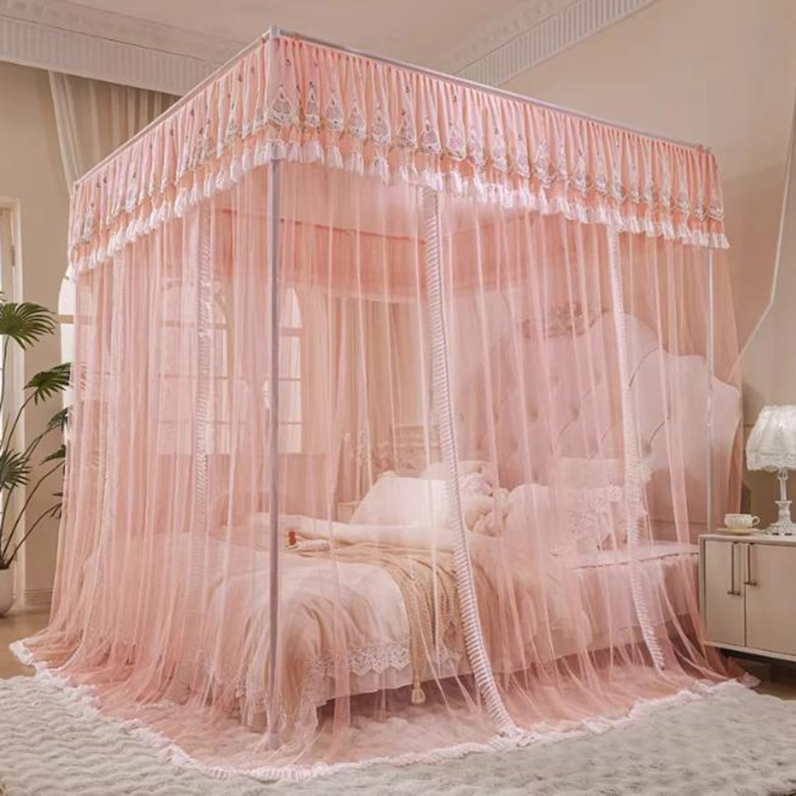 Floor Standing Mosquito Net Bed Canopy,4 Corner Post Three-Door Bed Canopy, Cozy Breathable for Girls Adults Bedroom Decoration