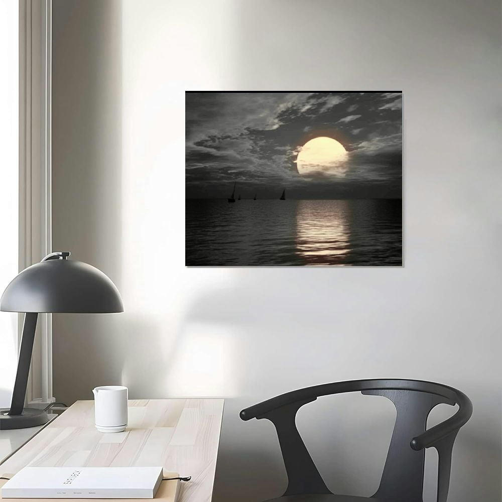 Jiayy  Large Black and White Canvas Full Moon Wall Art Sunset Picture Prints Moon on Sea Ocean Landscape Artwork for Home Decor Framed Ready to Hang 20x16in