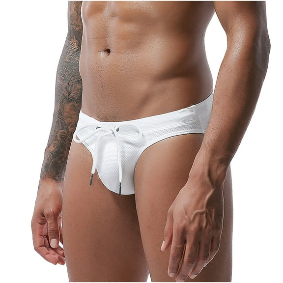 Sunvit-Panties Young Mens Swim Briefs - Nylon Spandex, Low-Rise, Adjustable Drawstring Waist, Breathable Stretchy, White, Size M - Ideal for Beach/Pool/Water Sports