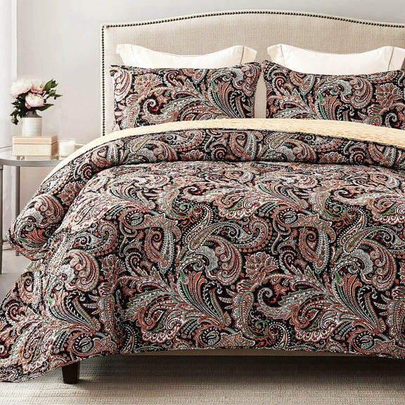 Exclusivo Mezcla Reversible Boho Quilt Set King Size, 3 Pieces Paisley Black All Season Bedspreads, Ultra Soft Floral Coverlet Bedding Set with Printed Pattern (1 Quilt, 2 Pillow Shams)