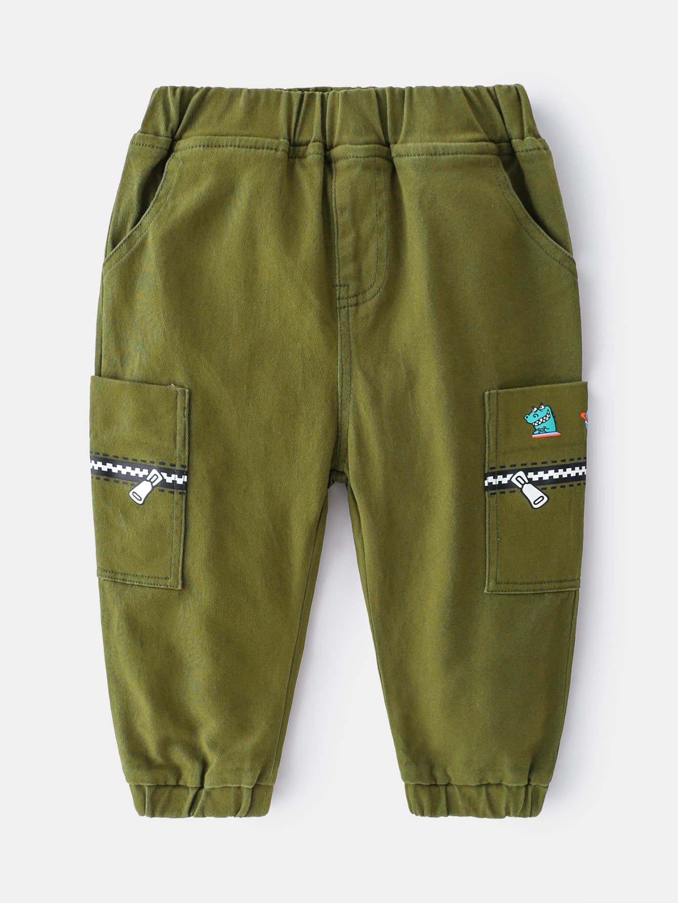 Casual Toddler Boys Cartoon And Zipper Print Pants Olive Green 