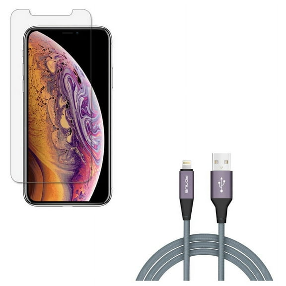 iPhone XS/X - Charger Cord 6ft USB Cable w Anti-Glare Screen Protector - Power Wire Braided Long Sync Fast Charge, Tempered Glass Matte 3D Curved Edge Anti-Fingerprint Case Friendly