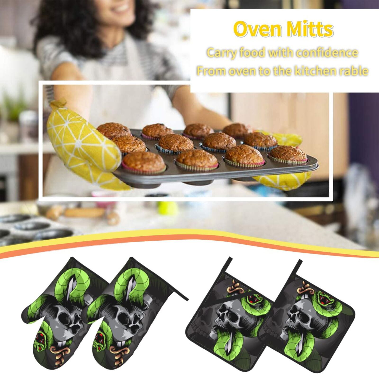 Sword Pierced Skull With Snake 4Pcs Oven Mitts and Pot Holders Sets Oven Kitchen Gloves Hot Pads for Cooking BBQ Baking Grilling