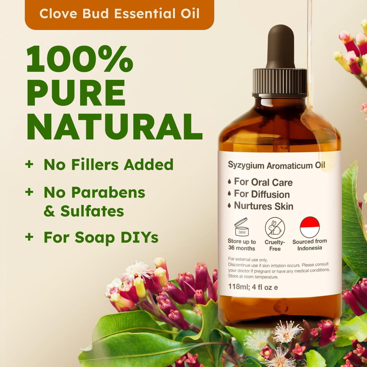 Kukka Clove Essential Oil for Teeth and Gums - Clove Oil - Steam Distilled from Flower Buds for Potency - a Perfect Solution for Oral Care, Hair, Diffuser & DIY Soap Making(4 Fl Oz)