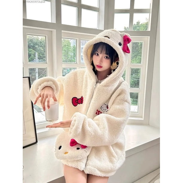Sanrio Hello Kitty Cute Fleece Zipper Top Hooded Y2k Girl Soft