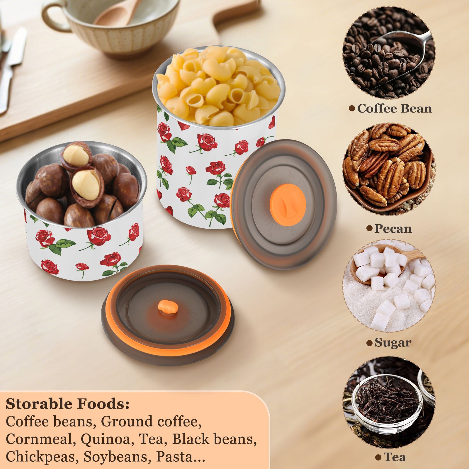 Heart Red Rose Flower Floral Airtight Coffee Bean Canister 30oz Food Storage Containers with Lids For Gournd, Tea, Sugar, Flour, Rice, Cereal, Candy Cookie Jar