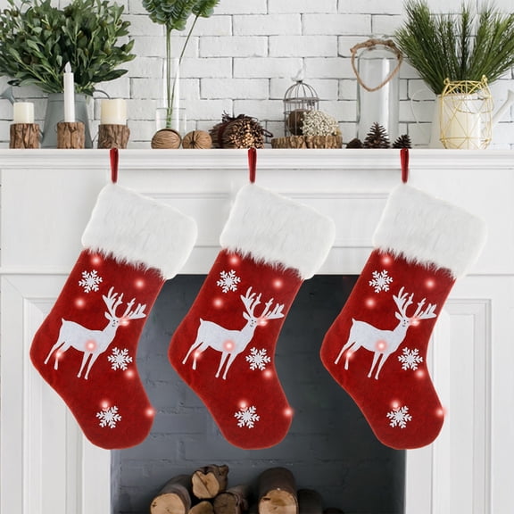 Hwkond Stockings Christmas 18 Inch Unique Red Linen Embroidered Christmas With Lights , Gift Bag Up Christmas 2Pcs on Clearance