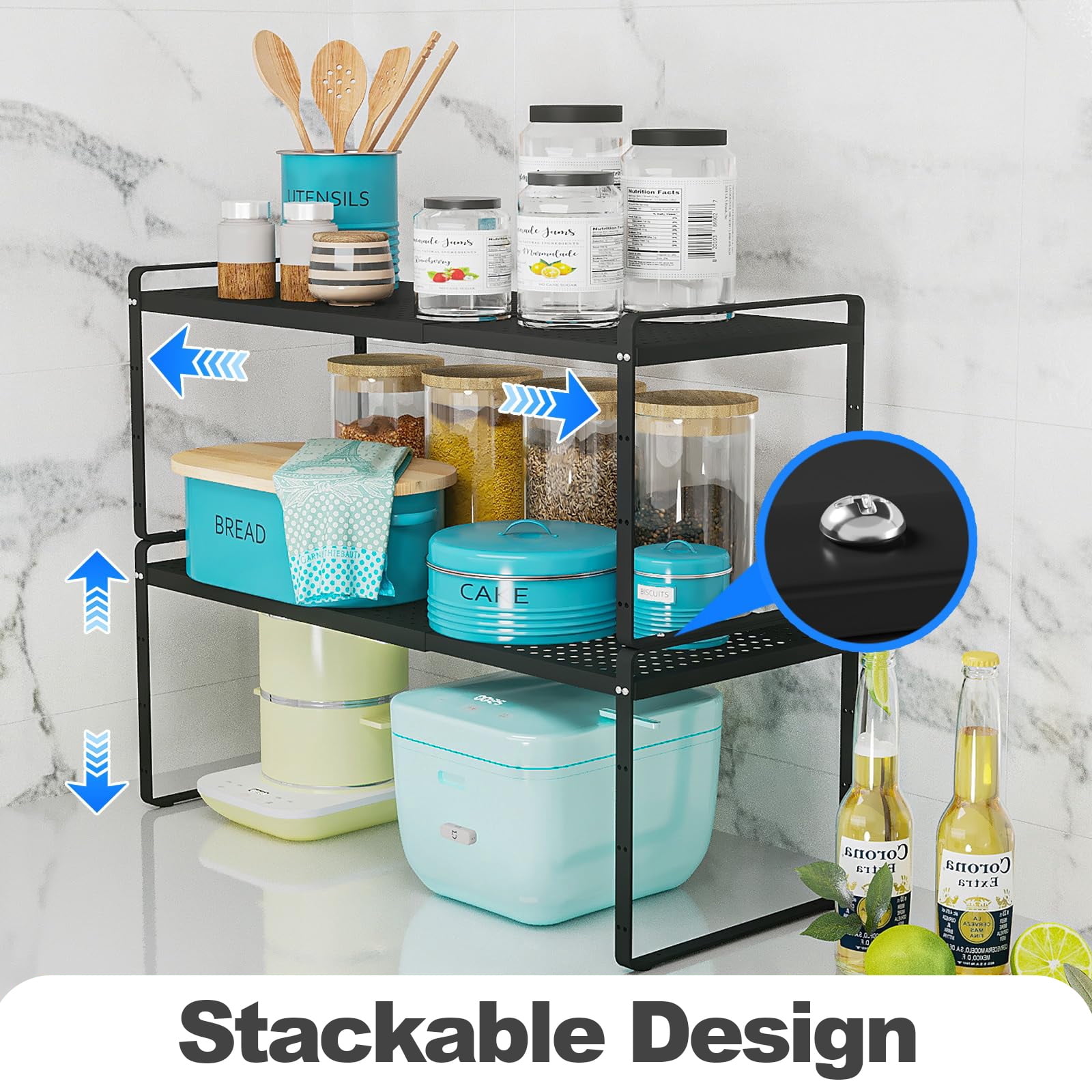 Expandable Cabinet Organizer Shelf, Stackable Shelf Riser for Kitchen Pantry Desk Cupboard Tabletop Countertop Home Office, Heavy Duty, Black Large 1 Pack