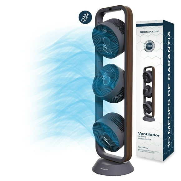 Ventilador de torre Turbo circulador 100cm de alto BECKON con 3 motores BIG FLOW acabado tipo madera +control remoto +oscilación +temporizador +modos de uso