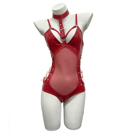 Women Patent Leather Catsuit Halter Clubwear Bodysuit Lingerie Button Crotch See-through Mesh Patchwork High Cut Hollow Jumpsuit