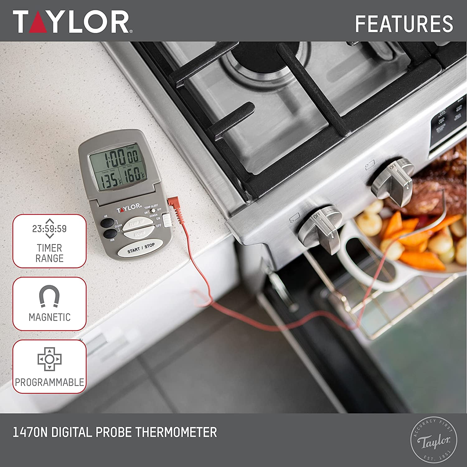 Taylor Programmable with Timer Instant Read Wired Probe Digital, Meat,  Food, Grill BBQ Cooking Kitchen Thermometer, Stainless Steel