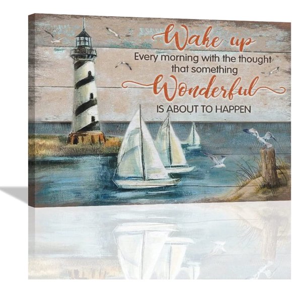 Lighthouse Sailboat Wall Art Coastal Beach Pictures Canvas Prints Ocean Seagulls Painting Framed Nautical Artwork Home Decor for Bathroom Dining Living Room 16"x12"