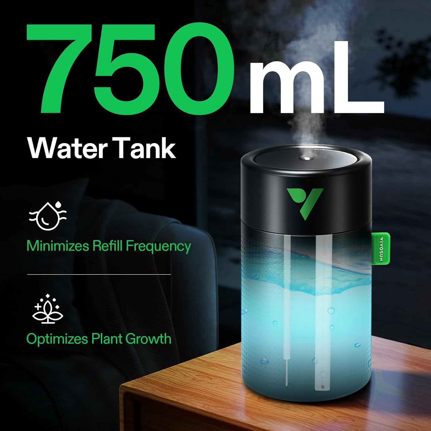 VIVOSUN AeroStream U075 USB Humidifier, 750ml Cool Mist Mini Humidifier with 2 Mist Modes, Auto Shut-Off, Smart Remote Control with VGrow, Designed for Small Grow Tents/VGrow