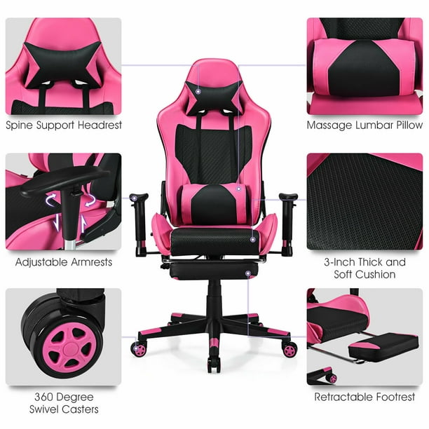 Chaise Gaming Rose Ergonomique Massage Fauteuil Gamer Chaise avec