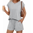 thumbnail image 4 of Womens Crew Neck Two Piece Short Sets Cap Sleeve Drawstring Summer Sweatsuit with Pocket Light Gray M, 4 of 9