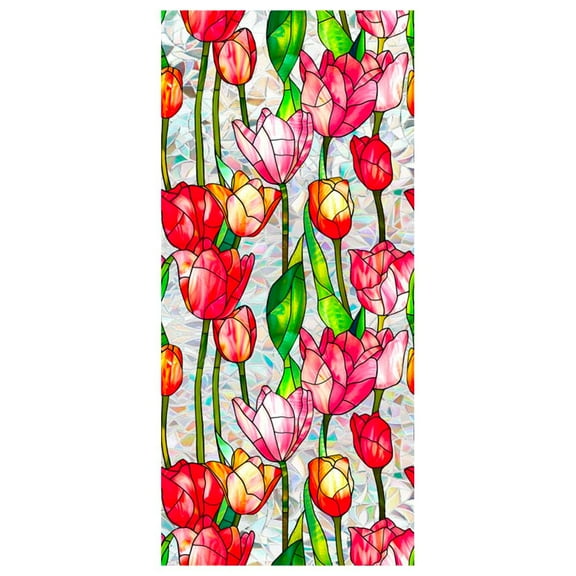 1 Sheet Retro Tulip Flowers Window Privacy Film,17 x 39.37 Inch,Stained Glass Decals Colorful Floral Privacy Rainbow Decals Living Room Sun Blocking Decor Removable Static Cling Stickers