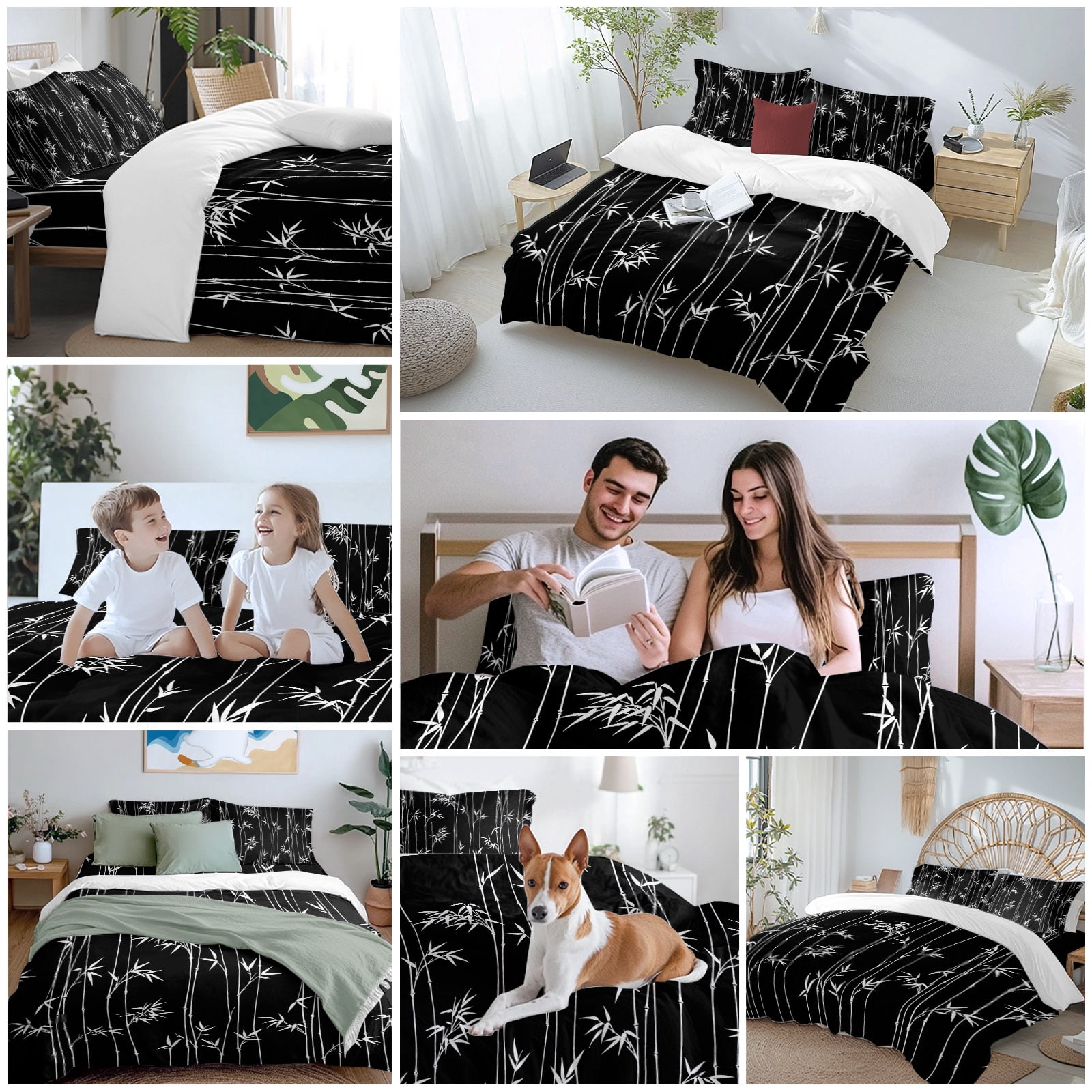 Black Bamboos Comforter Set Queen Size, Minimalist White Bamboos Stems Leaf Soft Bedding Set for Man Woman, 4 Pieces Duvet Cover Set with Fitted Sheet, 2 Pillowcases