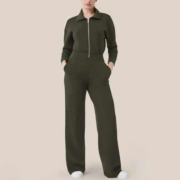 Womans Pants Womens Casual Long Sleeve Zipper Turn-down Collar Bodycon Solid Wide Legging Jumpsuit Rompers With Pocket Pants Travel Pants Comfortable Work Pants Women