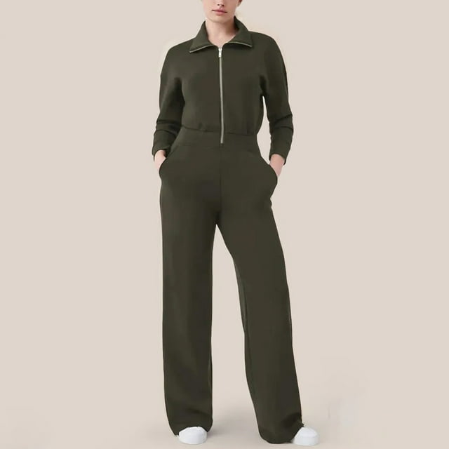 Combinaison Décontractée à Manches Longues pour Femmes, Leggings Larges Unis, Poches + Fermeture Éclair Cachée, Style Moulant, pour Usage Quotidien, Mode Polyvalente, Mélange de Coton Léger, Mode Urbaine, Décontracté