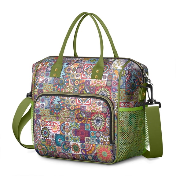 Bohemian Leakproof Lunch Bag - Large Insulated Cooler Tote with Four-Layer Thermal Design, Rustic Tribal Folk Patterns, Durable & Stylish for Outdoor, School, Work