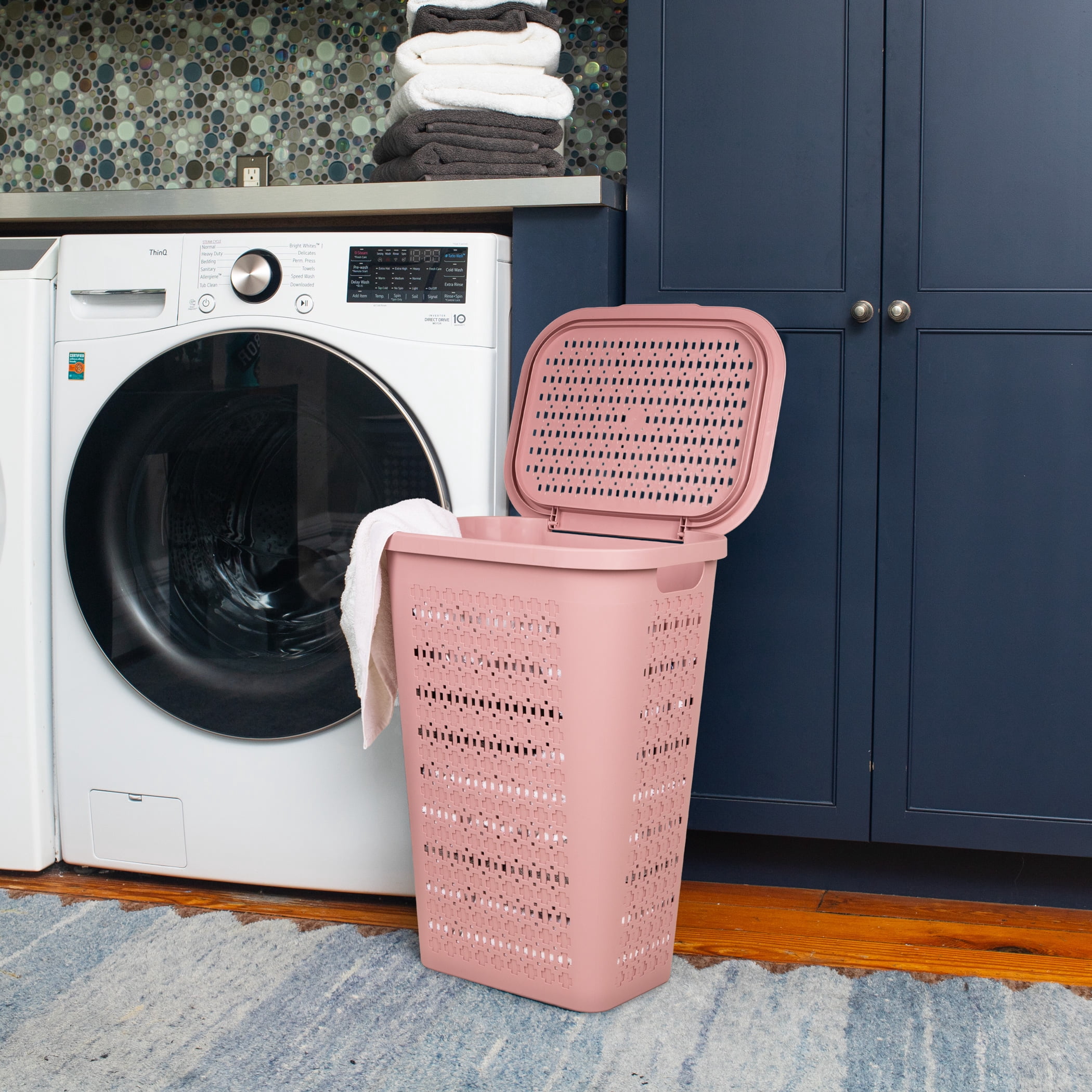 Mind Reader Slim Swiss Cross Cut-Outs Tapered Laundry Hampers with Lid, Plastic, Set of 2, Pink